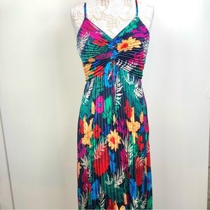 Skies Are Blue Floral Sleeveless Tropical Pleated Maxi Dress Flowy NEW